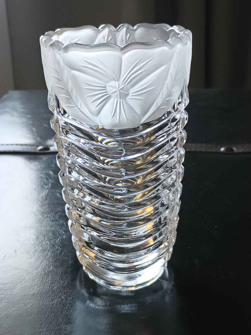 Crystal Clear Ribbed Vase with Frosted Floral Rim